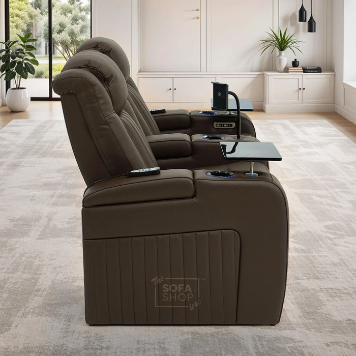2 Seater Real Leather Electric Recliner Cinema Sofa in Dark Brown | Massage, Heated Lumbar, Power Headrests, Food Trays & Power Grommet | Capri | The Sofa Shop
