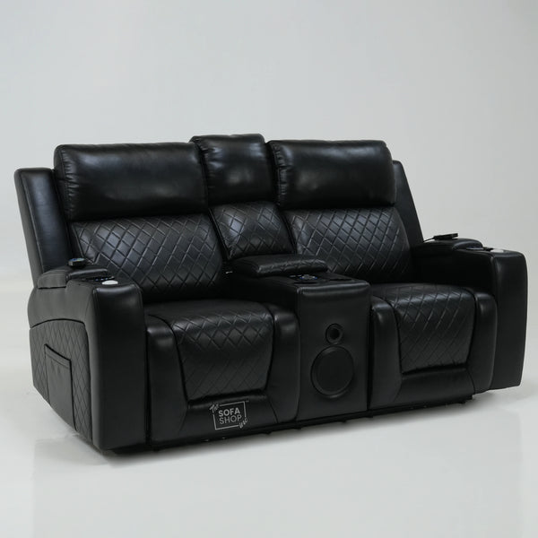 2 Seater Black Leather Smart Recliner With Massage & Speakers | Different Cupholders | Venice | Ex Display
