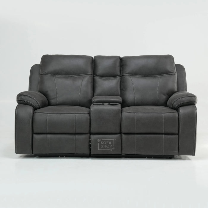 2 Seat Electric Recliner Home Cinema Sofa In Dark Grey Fabric With Bluetooth Speakers & Cooler Cupholders And Adjustable Headrest | Small Console Damage & Cupholder Lights Stay Lit | Vinson | Second Hand Sofa 203