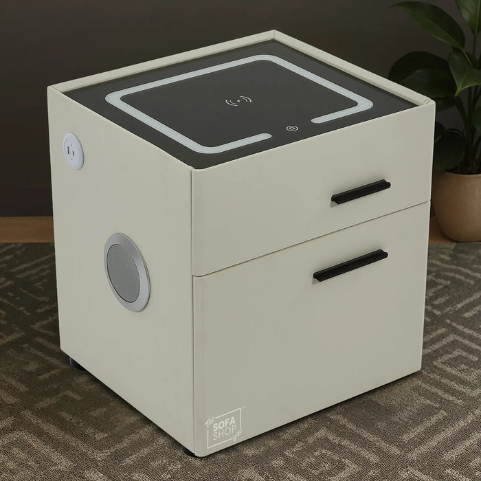 California Smart Bedside Table – Off-White 2-Drawer Nightstand with Hidden Safe, LED Lights & Wireless Charger | The Sofa Shop
