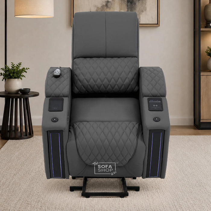 1 Seater Electric Recliner Riser Chair | Power Recline, Heated Lumbar & Massage, Cooling & Heating Cup Holders | Grey Real Leather Riser Armchair with Tray Tables | Assisi | The Sofa Shop