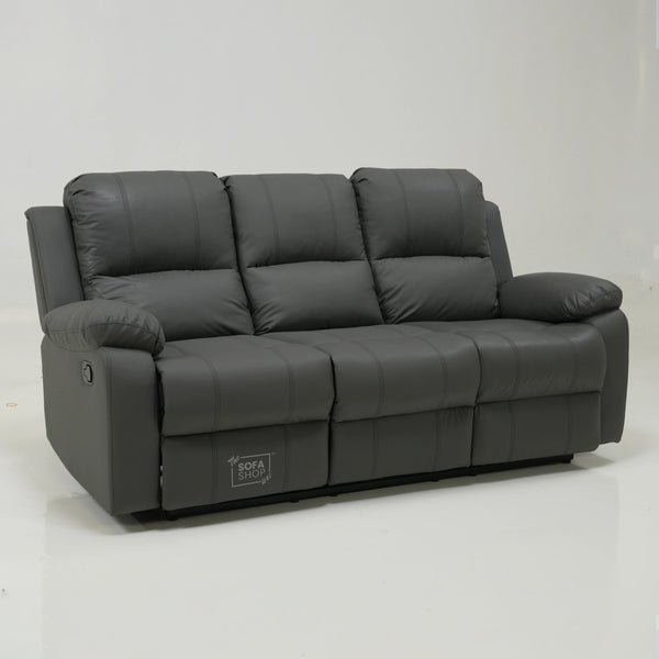 3 Seater Manual Recliner Sofa in Grey Leather | Drop-Down Table & Cup Holders | Trento | Second Hand 28 | The Sofa Shop