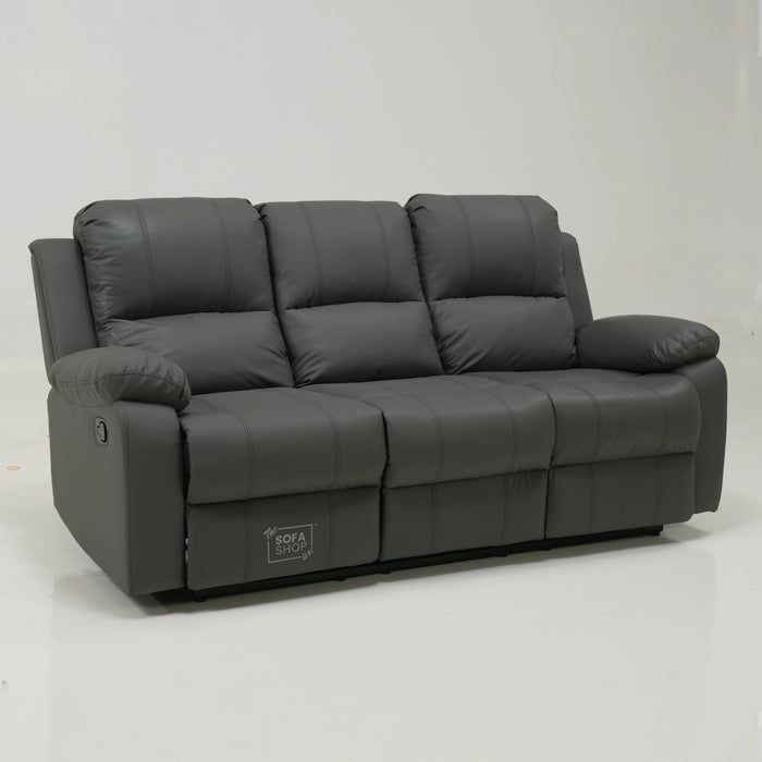 3 Seater Manual Recliner Sofa in Grey Leather | Drop-Down Table & Cup Holders | Trento | Second Hand 28 | The Sofa Shop