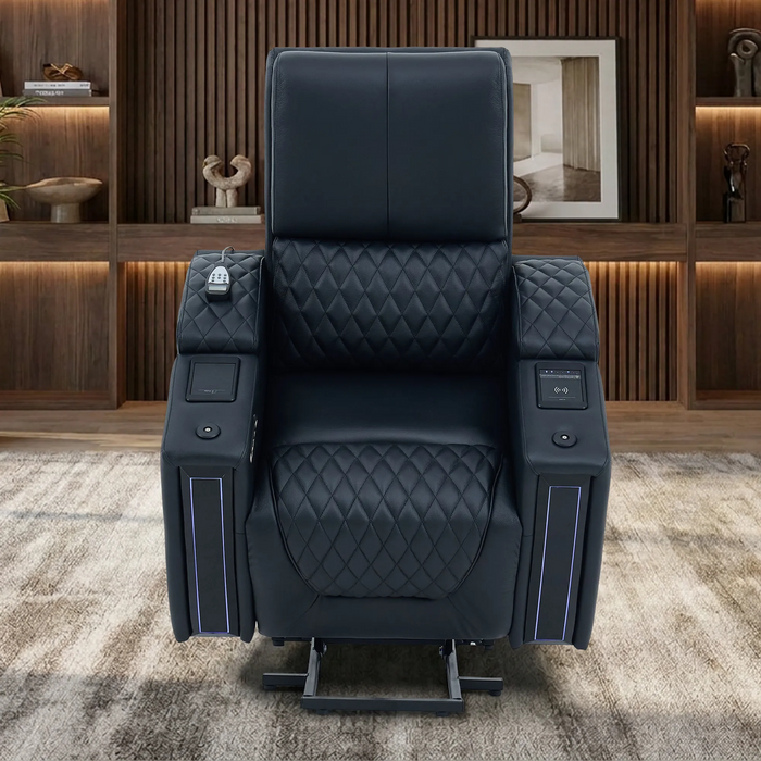 1 Seater Electric Dual Lift Riser Cinema Chair | Power Recline, Heated Lumbar + Massage & Cooling & Heating Cup Holders | Black Real Leather Riser Armchair with Tray Tables | Assisi | The Sofa Shop