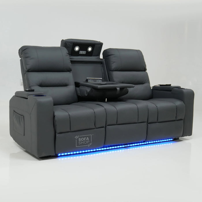 3 Seater Smart Grey Leather Sofa | High-Tech Recline Sofa With Drop-Down Table, USB Port, Vibration Massage | No Ears And Scuff On Corner | Siena | Second Hand Sofa SS02