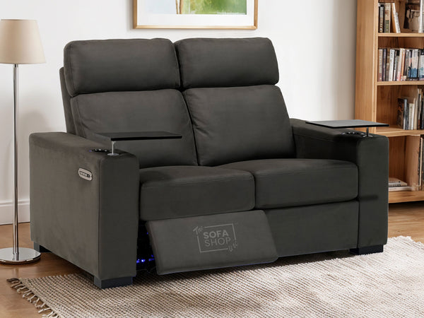 2 Seater Fabric Cinema Sofa with Electric Reclining, USB Port, Power Recliner, Lumbar Support, Tray Table & Cup Holders | Hi-Tech Grey Fabric Sofa | Palmero | Sofa Shop
