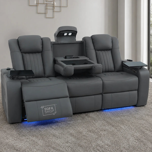 3 Seater Cinema Sofa in Grey Real Leather | Hi-Tech Cinema Sofa with Vibration Massage, Heated Lumbar, Bluetooth Speakers, Heating & Cooling Cupholders | Capri | The Sofa Shop