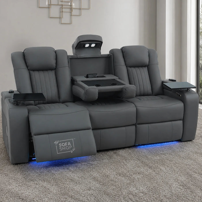 3 Seater Cinema Sofa in Grey Real Leather | Hi-Tech Cinema Sofa with Vibration Massage, Heated Lumbar, Bluetooth Speakers, Heating & Cooling Cupholders | Capri | The Sofa Shop