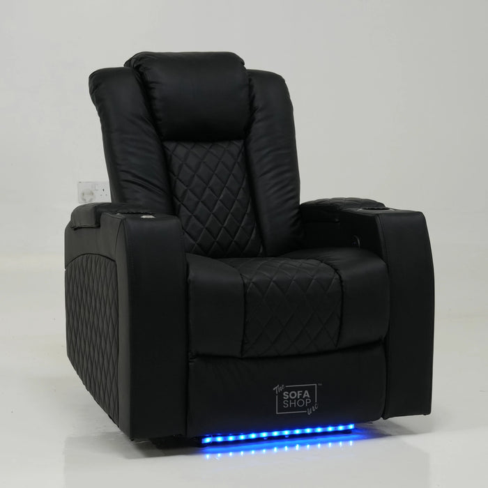 1 Seater Cinema Chair in Black Real Leather | Hi-Tech Cinema Chair with Power Recline + Power Headrest + USB Charging + Tray Table + Arm Storage | Ex Display | Milano | The Sofa Shop