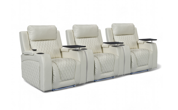 Row of 3 Electric Home Cinema Seats in Light Beige Leather Aire, With Recliner, Massage Seats, Removable Table, USB, Lights & Storage Arms - Venice Series One