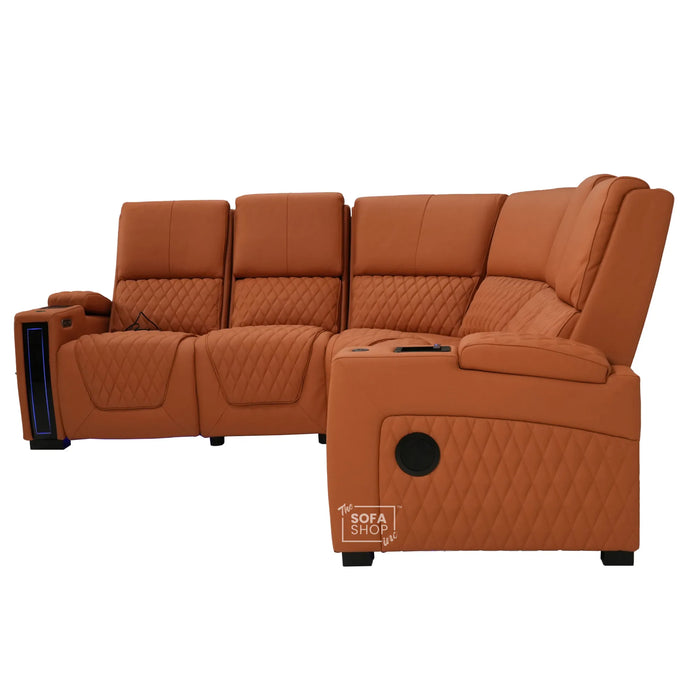 Assisi Corner Cinema Sofa in Orange Real Leather | Hi-Tech Couch with Power Recline + Power Headrests + Wireless Charging + Massage + Heating & Cooling Cupholders | Assisi | The Sofa Shop
