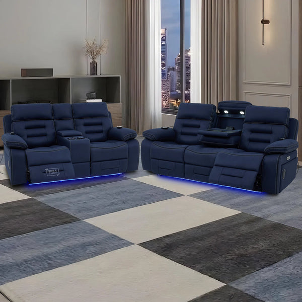 3+2 Electric Recliner Cinema Sofa Set in Blue Fabric | Hi-Tech Sofa Suite with Massage, Heated Lumbar support, Bluetooth Speakers, Console & Wireless Charging | Tuscany | The Sofa Shop