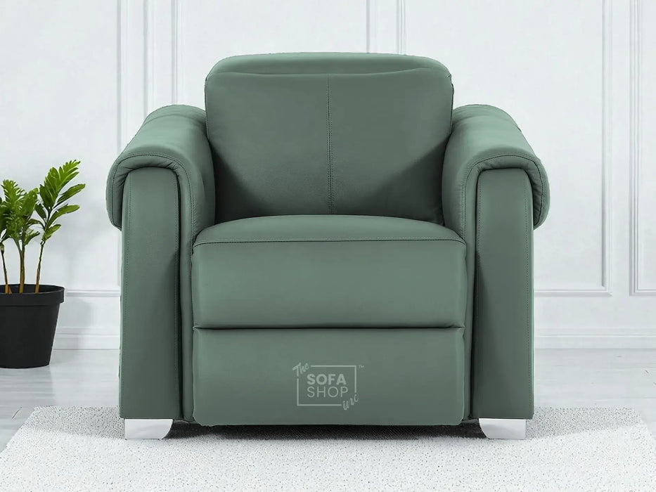 Real Leather Electric Recliner Chair In Green | Hi-Tech Chair with Massage, Power Headrest + USB Charging Ports | Turin