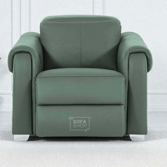 Real Leather Electric Recliner Chair In Green | Hi-Tech Chair with Massage, Power Headrest + USB Charging Ports | Turin