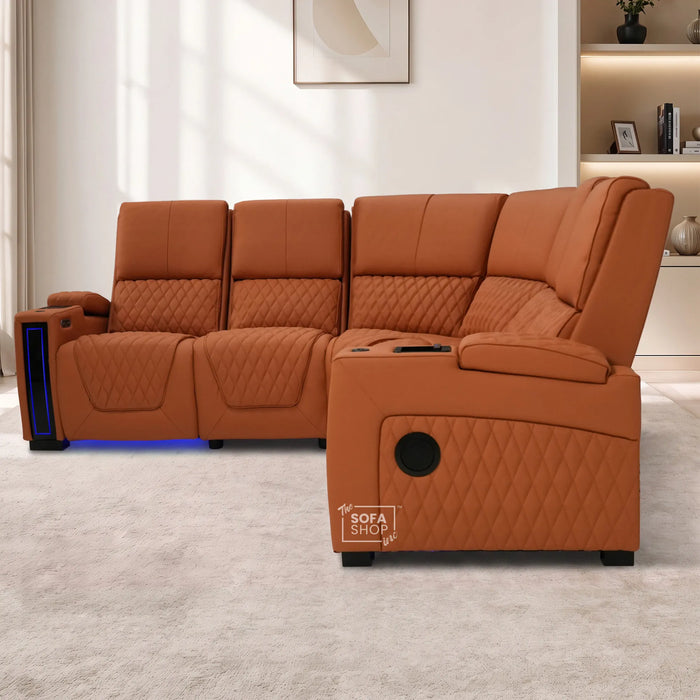 Assisi Corner Cinema Sofa in Orange Real Leather | Hi-Tech Couch with Power Recline + Power Headrests + Wireless Charging + Massage + Heating & Cooling Cupholders | Assisi | The Sofa Shop