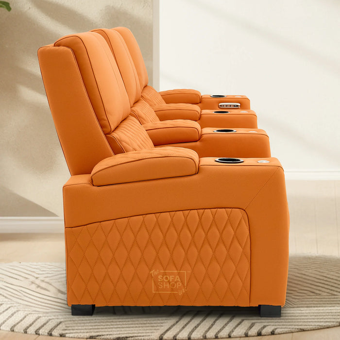 3 Seater Cinema Sofa in Orange Real Leather | Luxury Theatre & Home Cinema Seating | Electric Recliner With 3 Power Recliners, Power Lumbar & Cooling Cup Holders | Assisi | The Sofa Shop