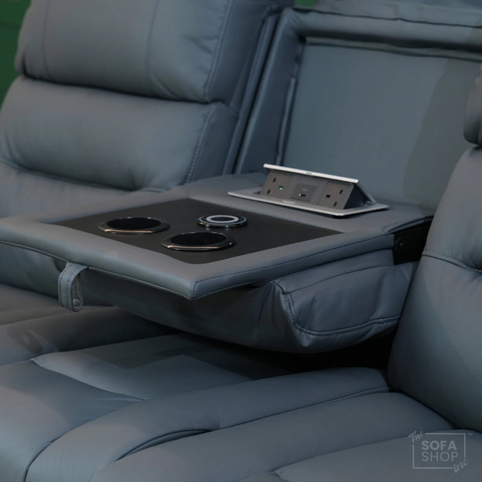 3 Seater Electric Recliner Cinema Sofa In Grey Leather | Table Stuck, Left Side Scuffed, No Ears | Siena | Second Hand Sofa 120