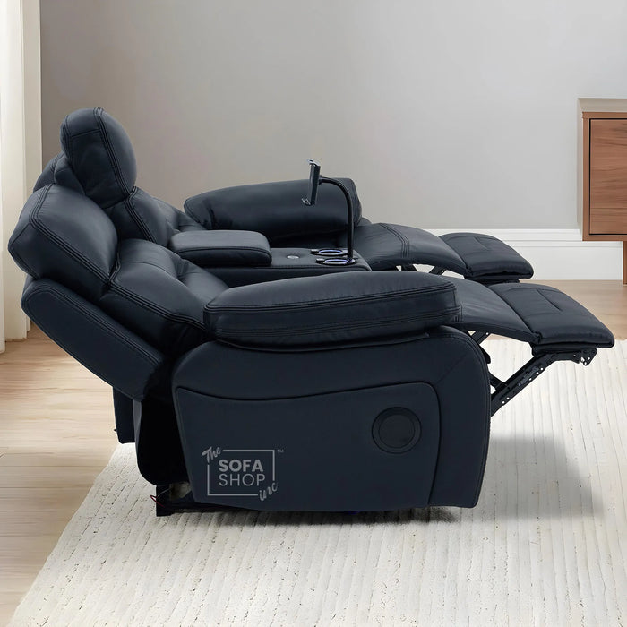 2 Seater Cinema Sofa in Black Genuine Leather | Hi-Tech Recliner Couch with Power Recline + Power Headrests + Sockets + Speakers + Cooling Cupholders | Sicily | The Sofa Shop