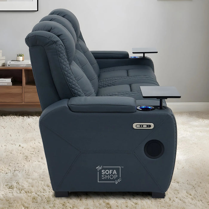 3 Seater Cinema Sofa in Blue Genuine Leather | Hi-Tech Cinema Sofa with Power Recline + Power Headrests + Vibration + Sockets + Base Storage | Napoli | The Sofa Shop
