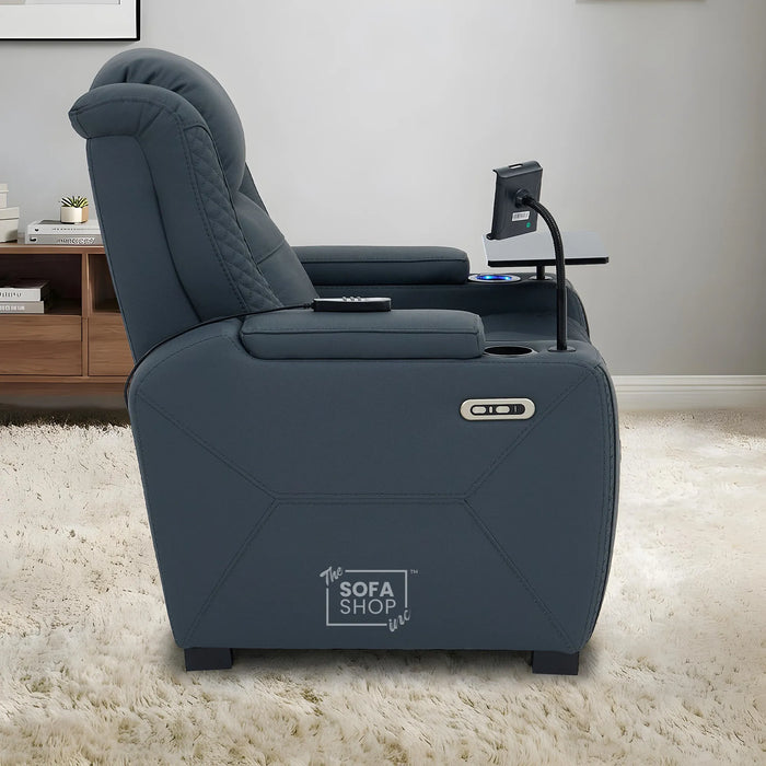 1 Seater Cinema Chair in Blue Genuine Leather | Hi-Tech Cinema Armchair with Power Recline + Power Headrest + Vibration Massage + Heated Lumbar+ Power Grommet | Napoli | The Sofa Shop