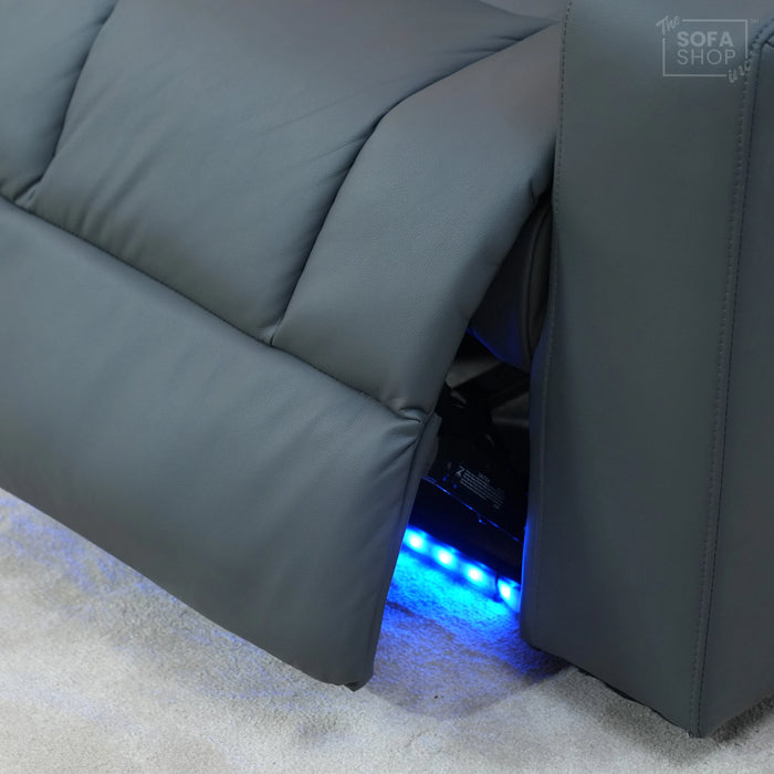 3 Seater Electric Recliner Cinema Sofa In Grey Leather | Table Stuck, Left Side Scuffed, No Ears | Siena | Second Hand Sofa 120