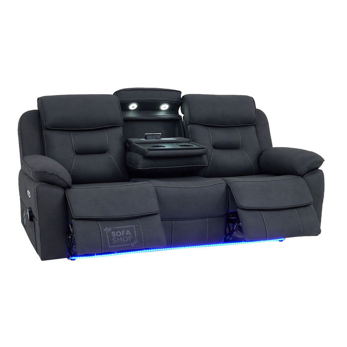 3 Seat Electric Recliner Home Cinema Sofa | Fabric Couch In Charcoal Grey | Hi-Tech Sofa with Massage + Cupholders + Power Headrests + Speakers | Florence