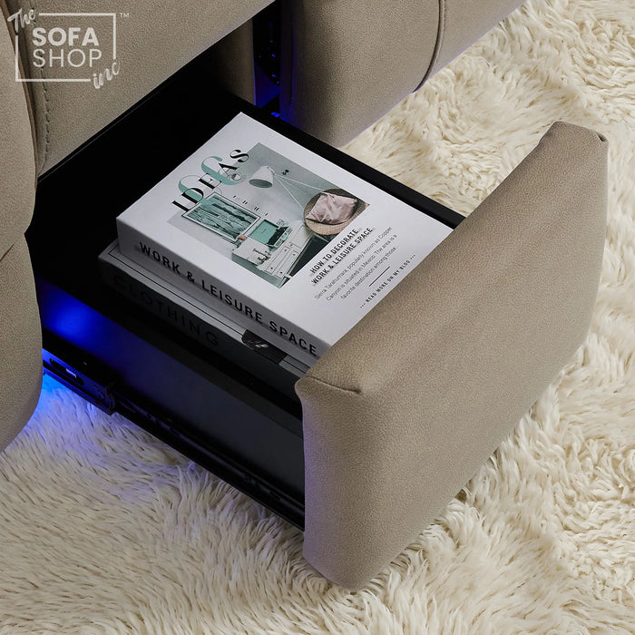 2 Seater Beige Fabric Electric Recliner Cinema Sofa | Hi-tech Recliner Couch With Massage Vibration, Heated Lumbar, Cooling & Heating Cupholders, Bluetooth & Multi-Link | Florence | The Sofa Shop