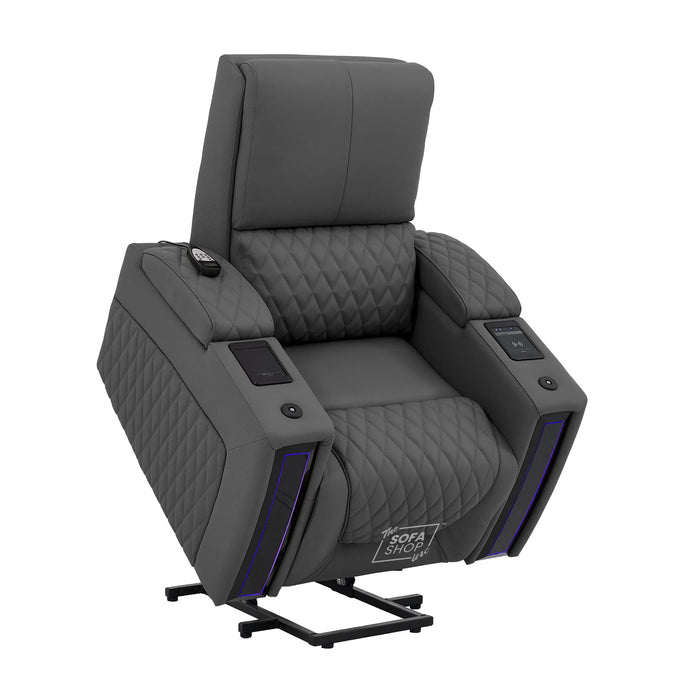 1 Seater Electric Recliner Riser Chair | Power Recline, Heated Lumbar & Massage, Cooling & Heating Cup Holders | Grey Real Leather Riser Armchair with Tray Tables | Assisi | The Sofa Shop