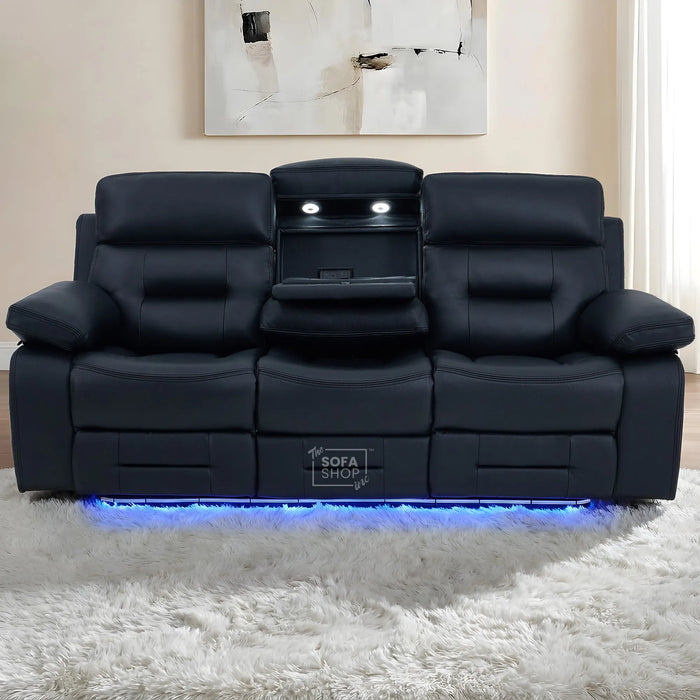 3 Seater Cinema Sofa in Black Genuine Leather | Hi-Tech Couch with Power Recline + Power Headrests + Wireless Charging + Sockets + Speakers | Sicily | The Sofa Shop