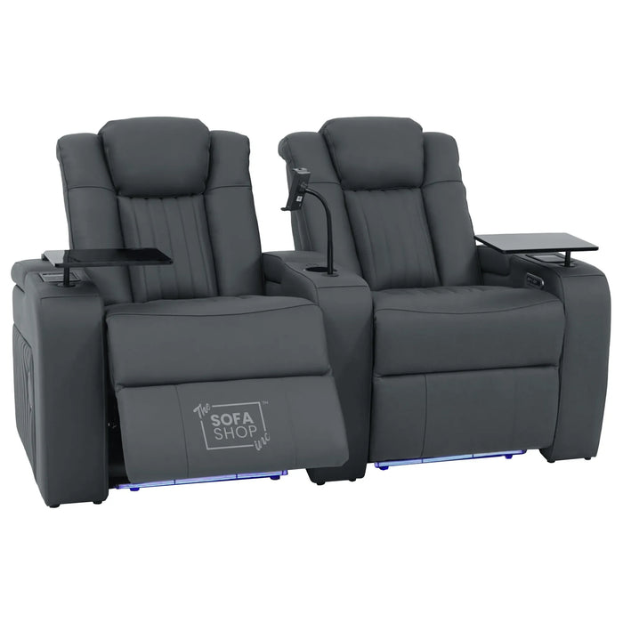 2 Seater Cinema Sofa in Grey Real Leather | Hi-Tech Console Couch with Massage & Heated Lumbar, Wireless Charging, Heat & Cool Cupholders, Bluetooth Speakers & Multi-Link | Capri | The Sofa Shop