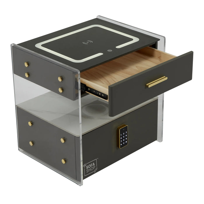 Chicago Smart Bedside Table – Grey 2-Drawer Nightstand with LED Lights, PIN-Lock Drawer & Wireless Charger