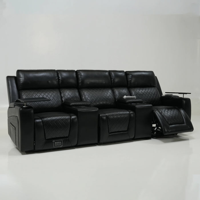 3 Seater Black Leather Smart Recliner With Massage & Tray Tables | Cupholder LED Not Working | Venice | Ex-Display