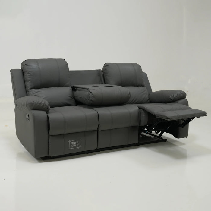 3 Seater Manual Recliner Sofa in Grey Leather | Drop-Down Table & Cup Holders | Trento | Second Hand 28 | The Sofa Shop