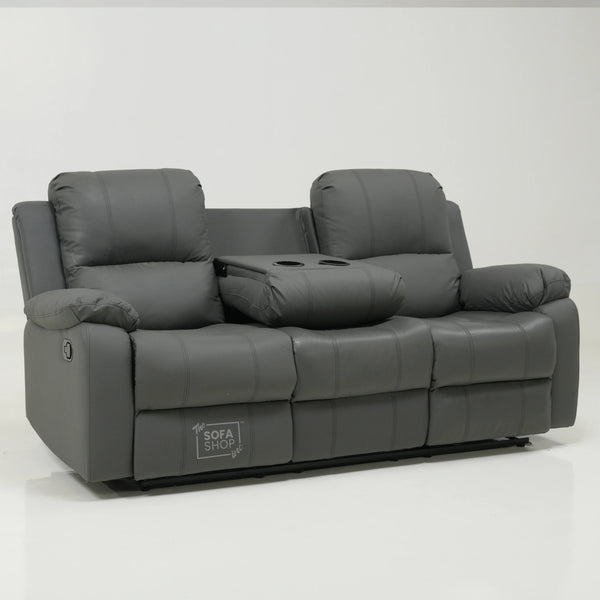 3 Seater Manual Recliner Sofa in Grey Leather | Manual Recliner Sofa with Drop-Down Table + Cup Holders + Padded Armrests + Smooth Recline | Trento Second Hand 27 | The Sofa Shop