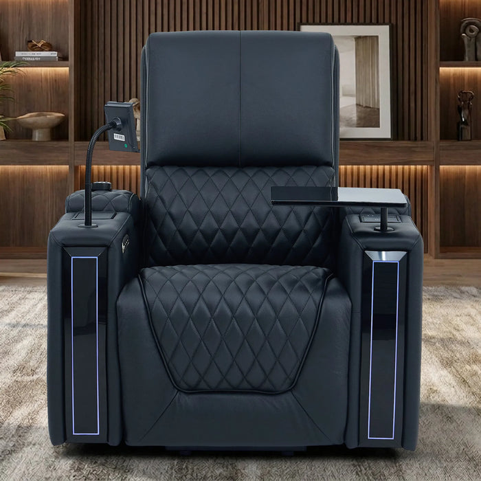 1 Seater Electric Dual Lift Riser Cinema Chair | Power Recline, Heated Lumbar + Massage & Cooling & Heating Cup Holders | Black Real Leather Riser Armchair with Tray Tables | Assisi | The Sofa Shop