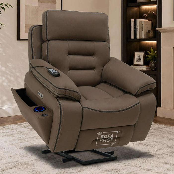Electric Riser Chair In Mocha Brown Fabric | Hi-Tech Recliner Armchair With Vibration Massage + Heated Lumbar + Cooling Cup Holder + Power Headrest | Tuscany | The Sofa Shop