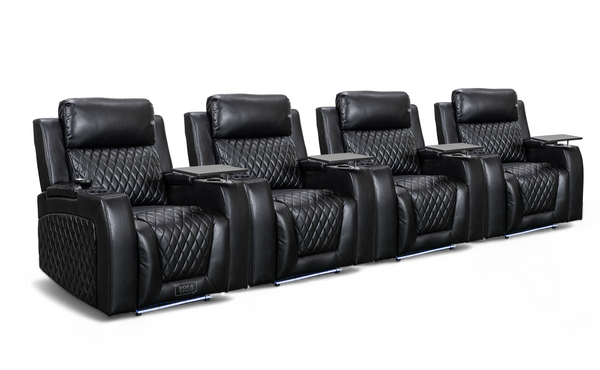 Row of 4 Electric Home Cinema Seats in Black Leather Aire, With Recliner, Massage Seats, Removable Table, USB, Lights, Chilled Cupholders - Venice Series One