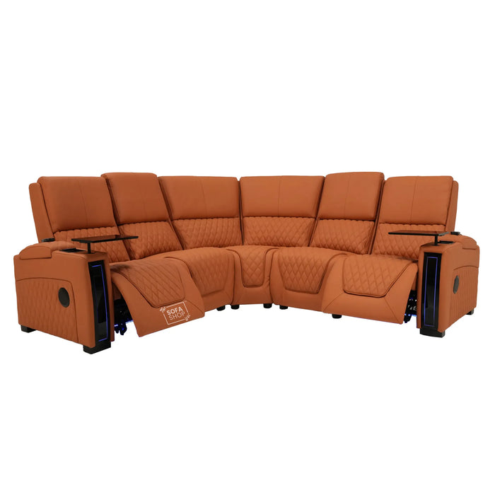 Assisi Corner Cinema Sofa in Orange Real Leather | Hi-Tech Couch with Power Recline + Power Headrests + Wireless Charging + Massage + Heating & Cooling Cupholders | Assisi | The Sofa Shop