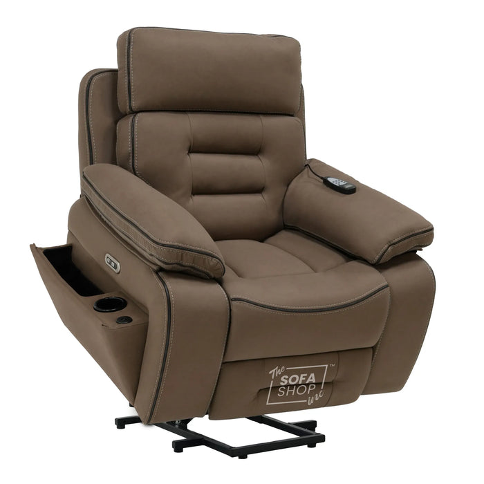Electric Riser Chair In Mocha Brown Fabric | Hi-Tech Recliner Armchair With Vibration Massage + Heated Lumbar + Cooling Cup Holder + Power Headrest | Tuscany | The Sofa Shop