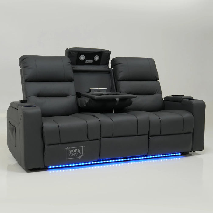 3 Seater Smart Grey Leather Sofa | High-Tech Recline Sofa With Drop-Down Table, USB Port, Vibration Massage | No Ears And Scuff On Corner | Siena | Second Hand Sofa SS02