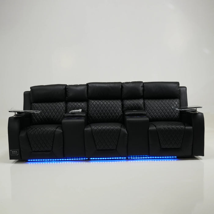 3 Seater Black Leather Electric Smart Recliner With Massage & Tray Tables | Venice | SS33