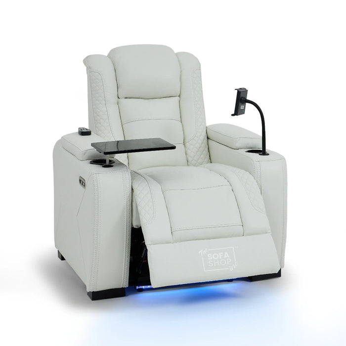 1 Seater Real Leather Electric Recliner Cinema Chair in White | Massage & Heat, Tray Table, Power Grommet & Cooling Cup Holder | Napoli | The Sofa Shop