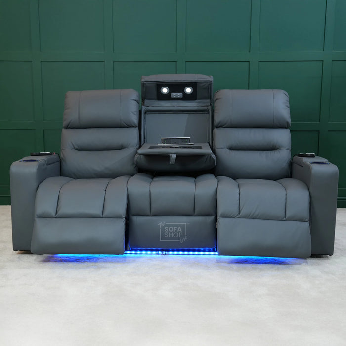 3 Seater Electric Recliner Cinema Sofa In Grey Leather | Table Stuck, Left Side Scuffed, No Ears | Siena | Second Hand Sofa 120