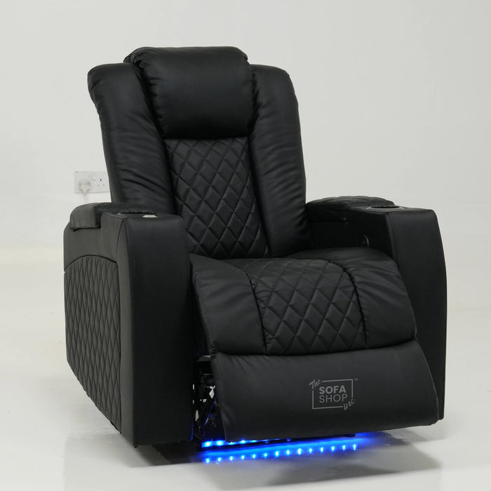 1 Seater Cinema Chair in Black Real Leather | Hi-Tech Cinema Chair with Power Recline + Power Headrest + USB Charging + Tray Table + Arm Storage | Ex Display | Milano | The Sofa Shop