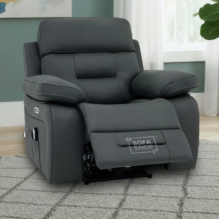 Electric Recliner Chair In Grey Real Leather | Hi-Tech Cinema Seat with Power Headrest, Massage, Power Recliner & USB Charging Button | Grey Real Leather | Sicily
