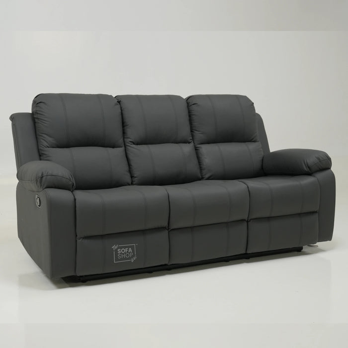 3 Seater Grey Leather Manual Recliner Sofa With Plastic Cup Holders| Used Condition | Trento | SS29