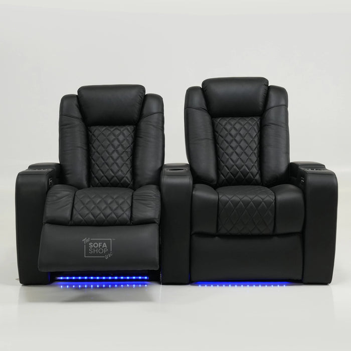 2 Seater Cinema Sofa in Black Real Leather | Hi-Tech Console Couch with Power Recline + Power Headrests + Console Storage + Cup Holders + LED Base Light | Sample |Milano | The Sofa Shop