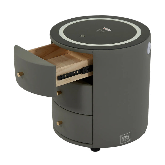 Nashville Smart Bedside Table – Grey Faux Leather 3-Drawer Nightstand with LED Lights, Bluetooth & Wireless Charger | The Sofa Shop