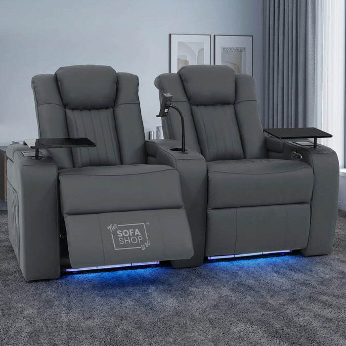 2 Seater Cinema Sofa in Grey Real Leather | Hi-Tech Console Couch with Massage & Heated Lumbar, Wireless Charging, Heat & Cool Cupholders, Bluetooth Speakers & Multi-Link | Capri | The Sofa Shop