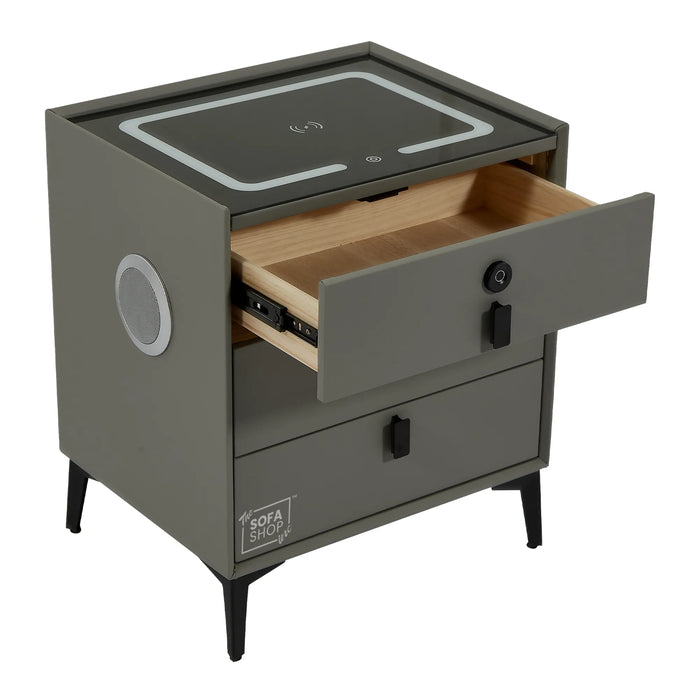 Florida Smart Bedside Table – Grey Faux Leather 3-Drawer Nightstand with LED Lights, Fingerprint Lock & Wireless Charger | The Sofa Shop